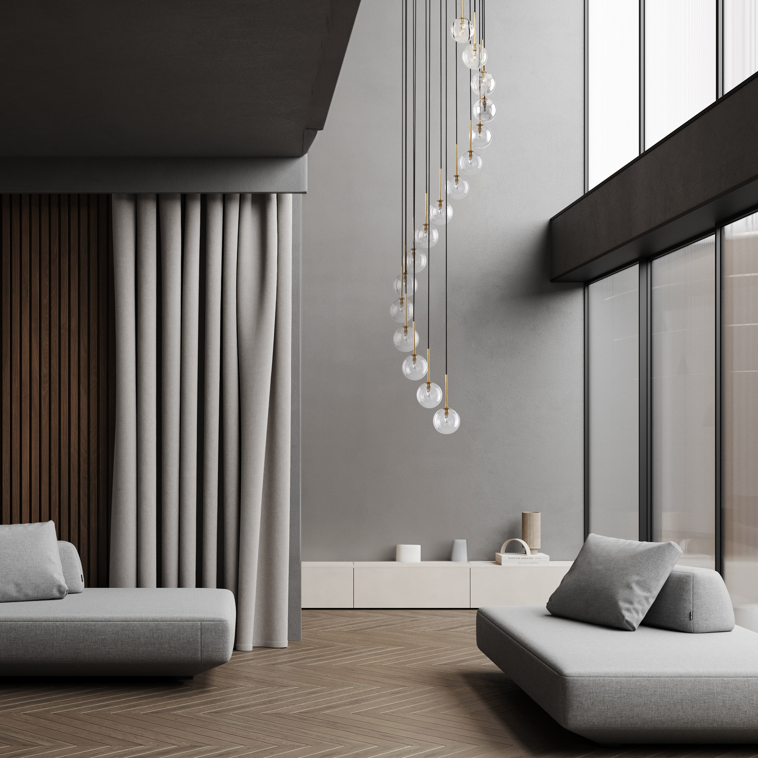 Modern dark and open space living room or hotel, grey sofa, nat Modern dark and open space living room or hotel, grey sofa, nat